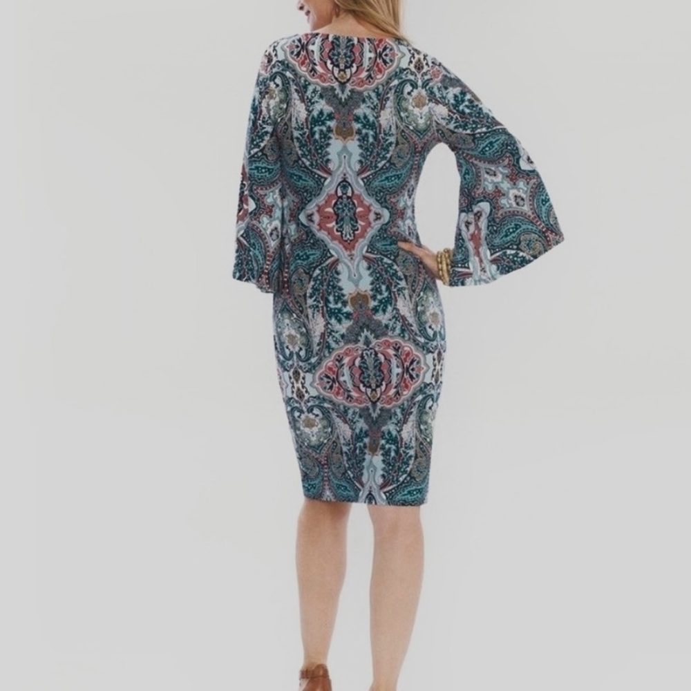 Chico's Teal, Burgandy and White Sheath Dress with Bell Sleeves - Picture 2 of 11